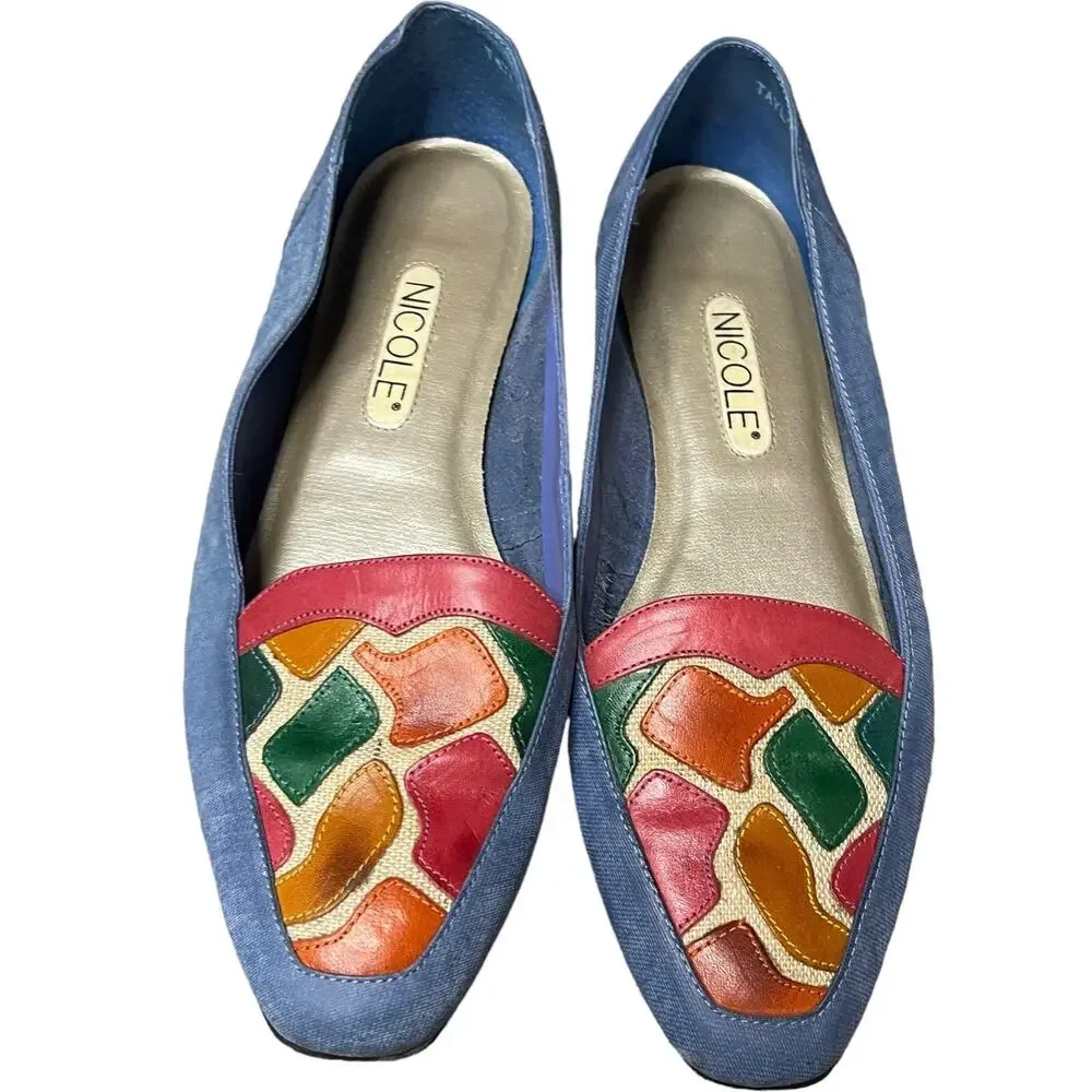 Vintage Nicole Taylor Geometric Colorblock Flats Womens 8 M Blue 80s Y2K Loafers